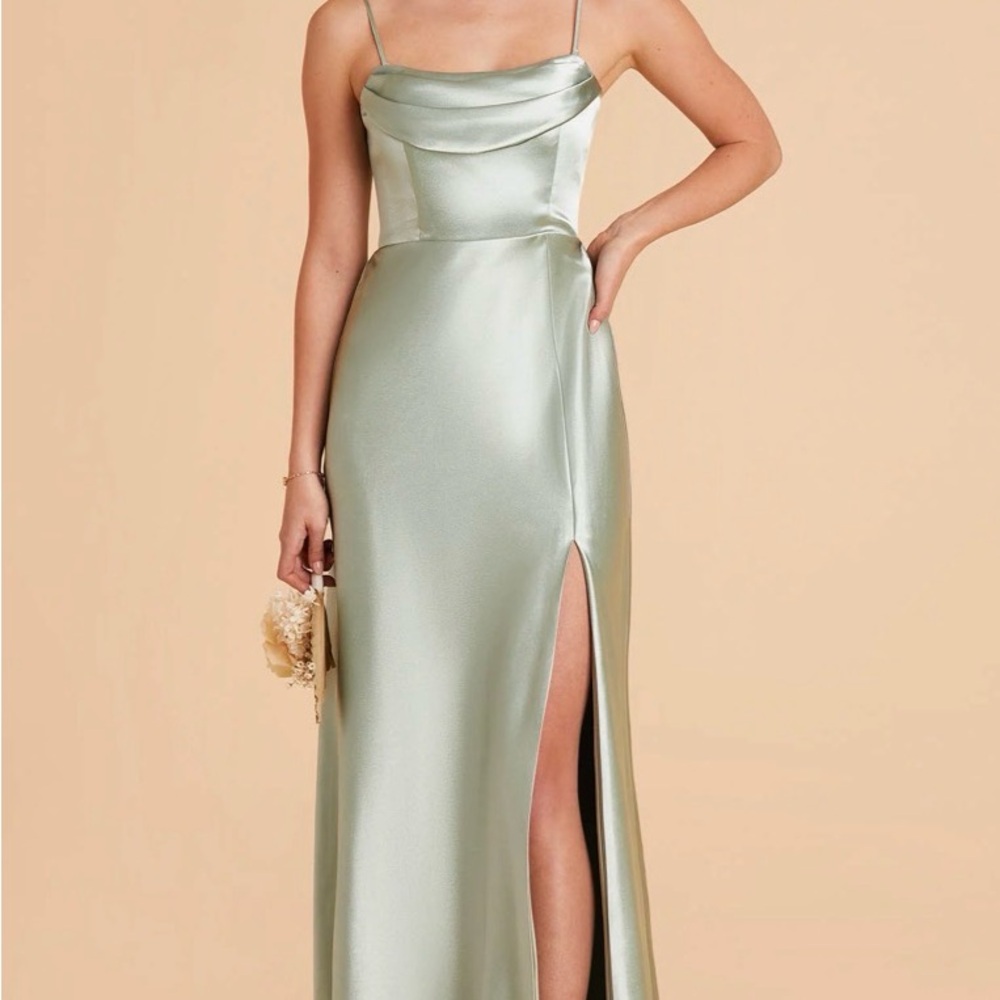 Elegant Satin Evening Gown in Sage Green Birdy grey new xs Mira